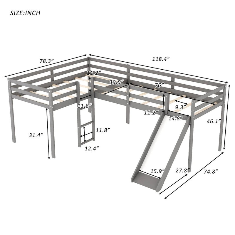 L-Shaped Twin Size Wood Loft Bed with Ladder and Slide