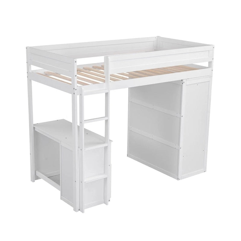 Merax Wood Loft Bed with Wardrobes and 2-Drawer Desk with Cabinet