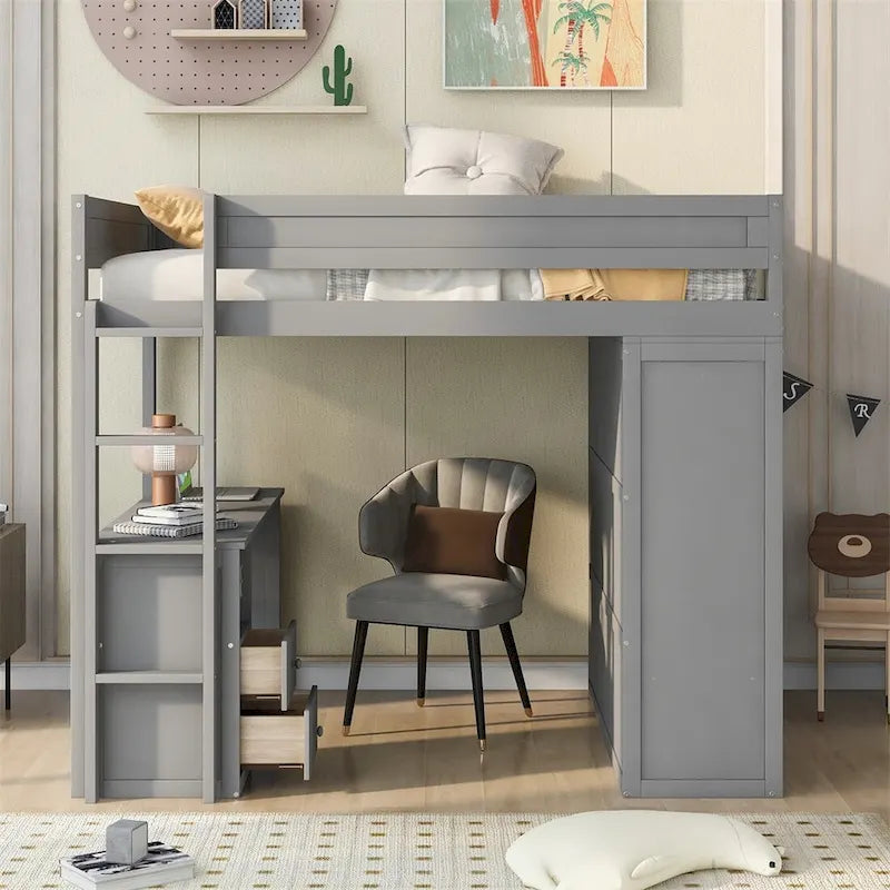 Wood Loft Bed with Wardrobes and 2-Drawer Desk with Cabinet