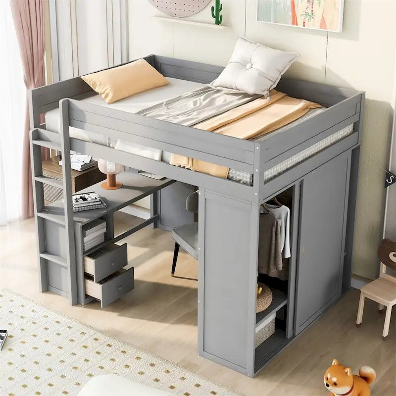 Wood Loft Bed with Wardrobes and 2-Drawer Desk with Cabinet
