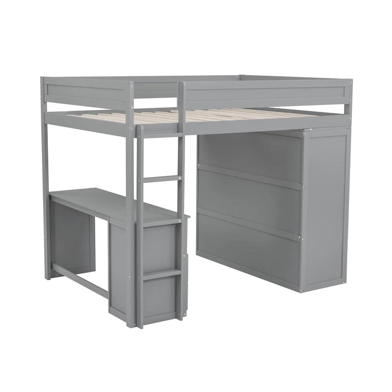 Wood Loft Bed with Wardrobes and 2-Drawer Desk with Cabinet