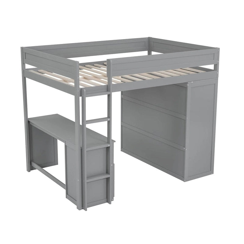 Wood Loft Bed with Wardrobes and 2-Drawer Desk with Cabinet