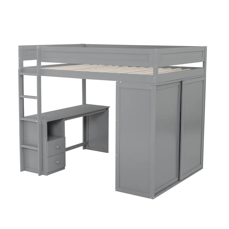 Wood Loft Bed with Wardrobes and 2-Drawer Desk with Cabinet