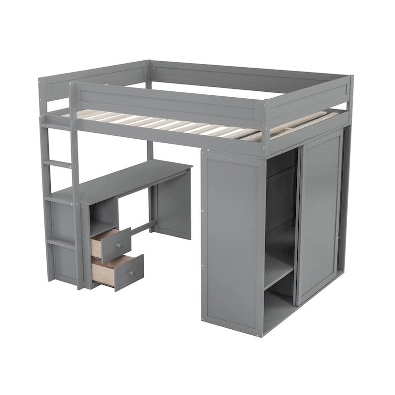 Wood Loft Bed with Wardrobes and 2-Drawer Desk with Cabinet