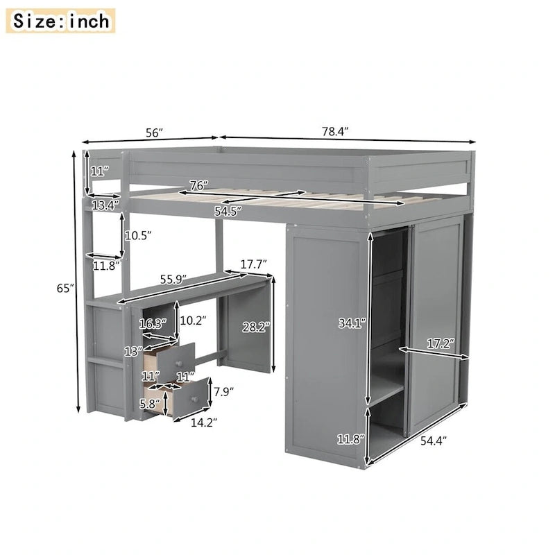 Wood Loft Bed with Wardrobes and 2-Drawer Desk with Cabinet