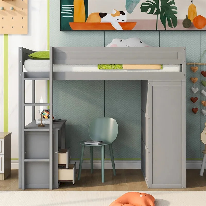 Wood Loft Bed with Wardrobes and 2-Drawer Desk with Cabinet
