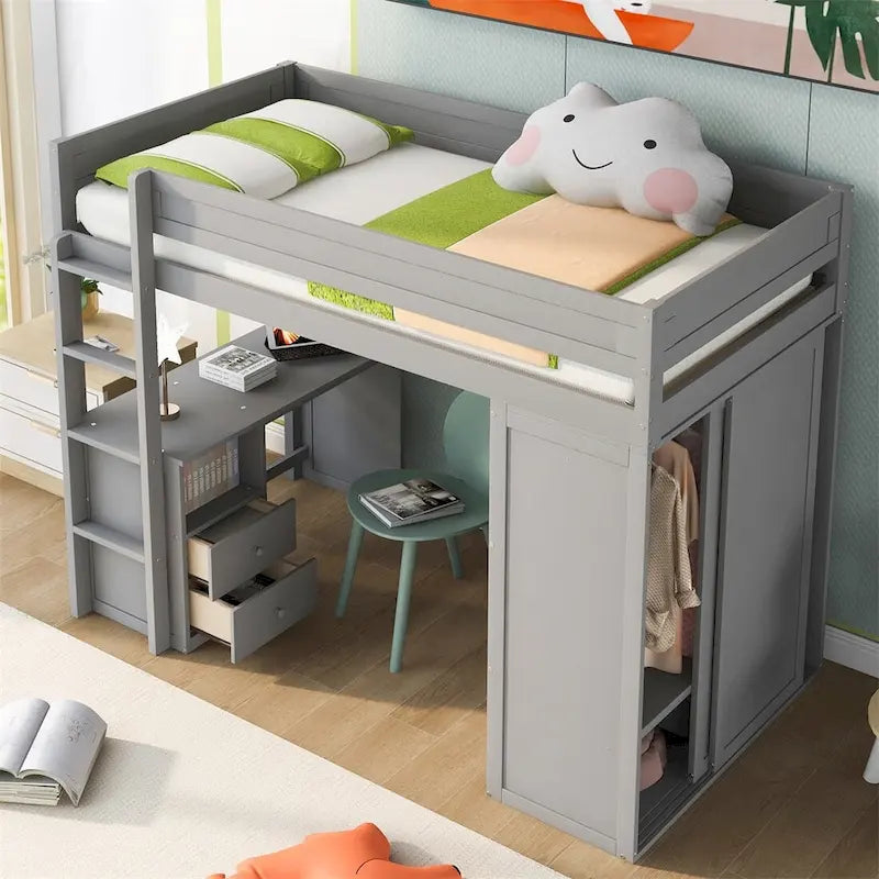 Wood Loft Bed with Wardrobes and 2-Drawer Desk with Cabinet
