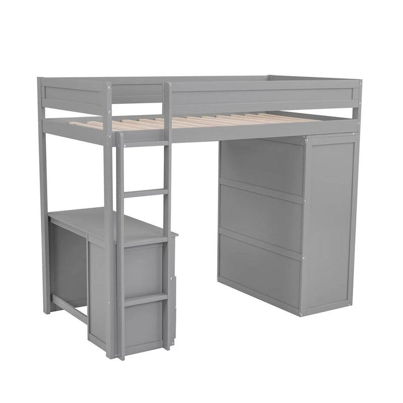 Wood Loft Bed with Wardrobes and 2-Drawer Desk with Cabinet