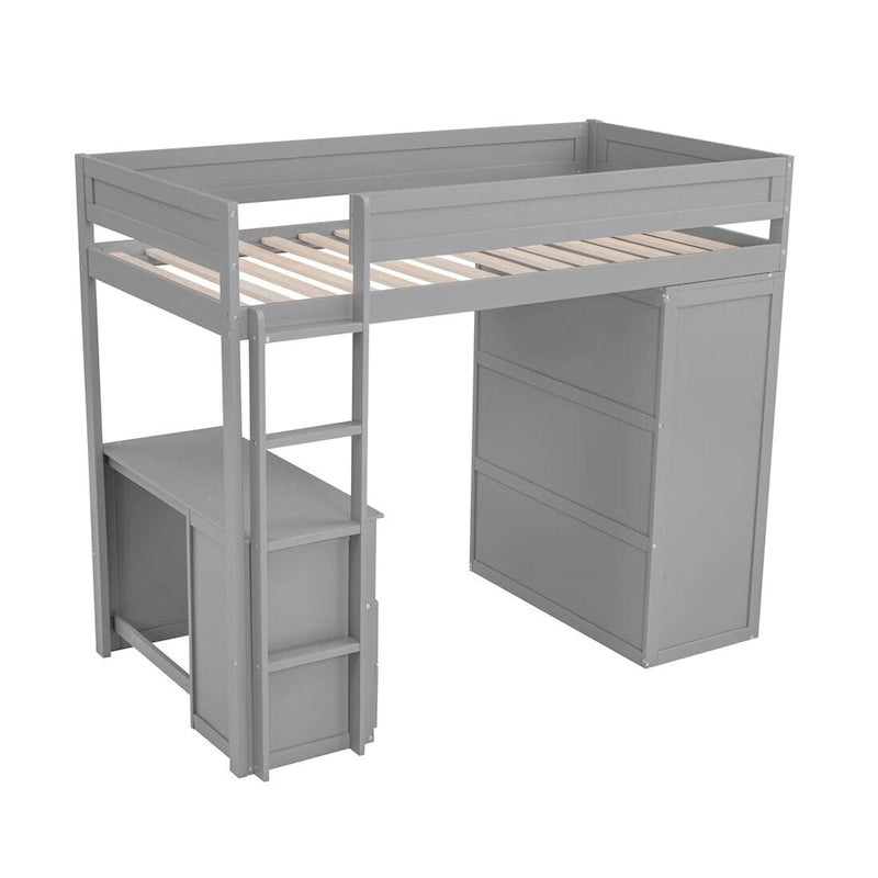 Wood Loft Bed with Wardrobes and 2-Drawer Desk with Cabinet
