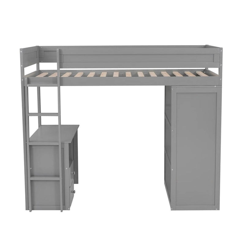 Wood Loft Bed with Wardrobes and 2-Drawer Desk with Cabinet