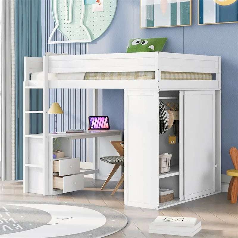 Wood Loft Bed with Wardrobes and 2-Drawer Desk with Cabinet