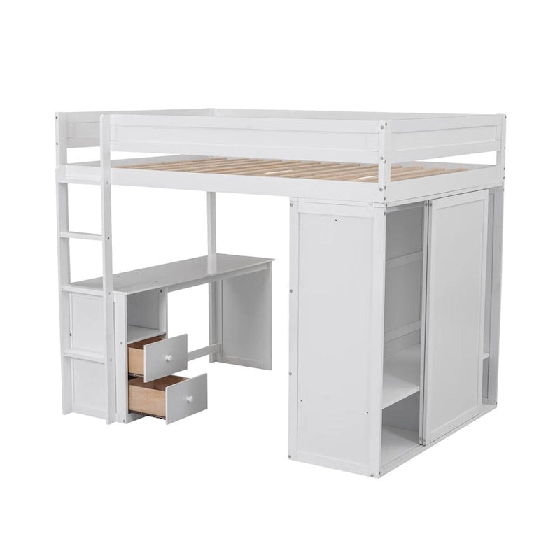 Wood Loft Bed with Wardrobes and 2-Drawer Desk with Cabinet