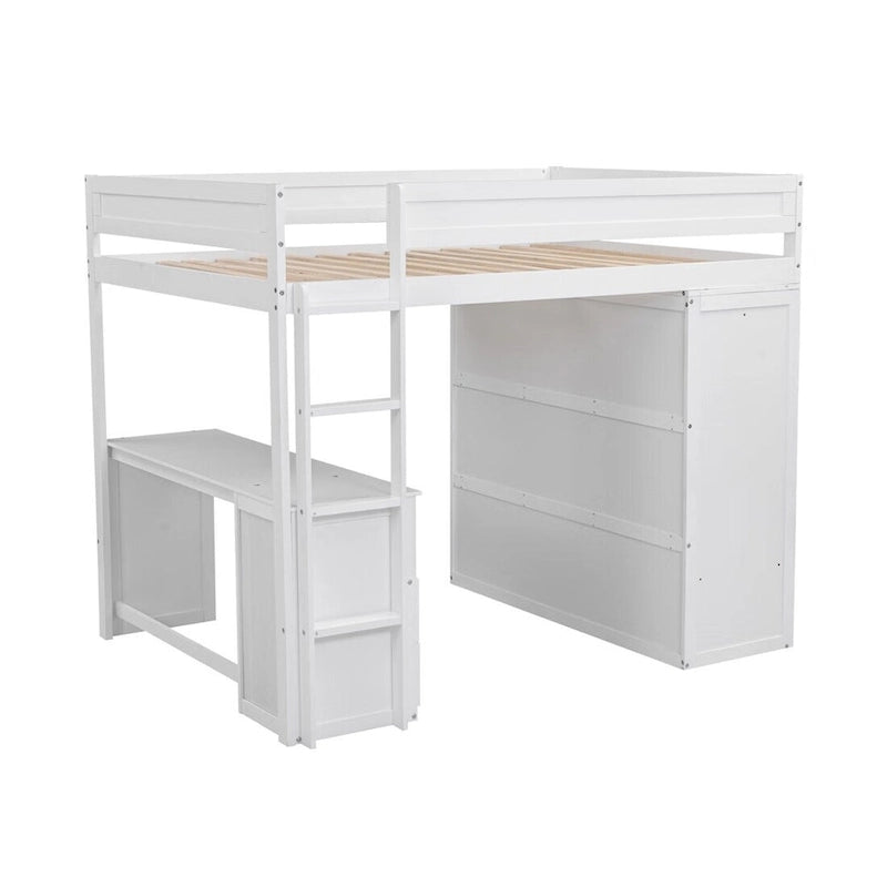 Wood Loft Bed with Wardrobes and 2-Drawer Desk with Cabinet