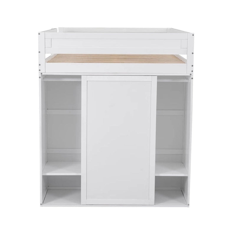 Wood Loft Bed with Wardrobes and 2-Drawer Desk with Cabinet