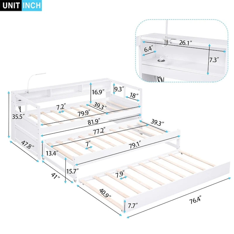 Twin XL Wood Daybed with 2 Trundles, 3 Storage Cubbies, 1 Light for Free and USB Charging Design