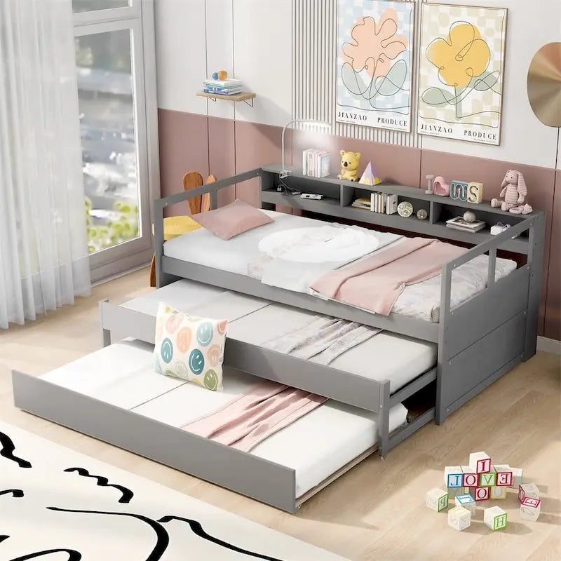 Twin XL Wood Daybed with 2 Trundles, 3 Storage Cubbies, 1 Light for Free and USB Charging Design