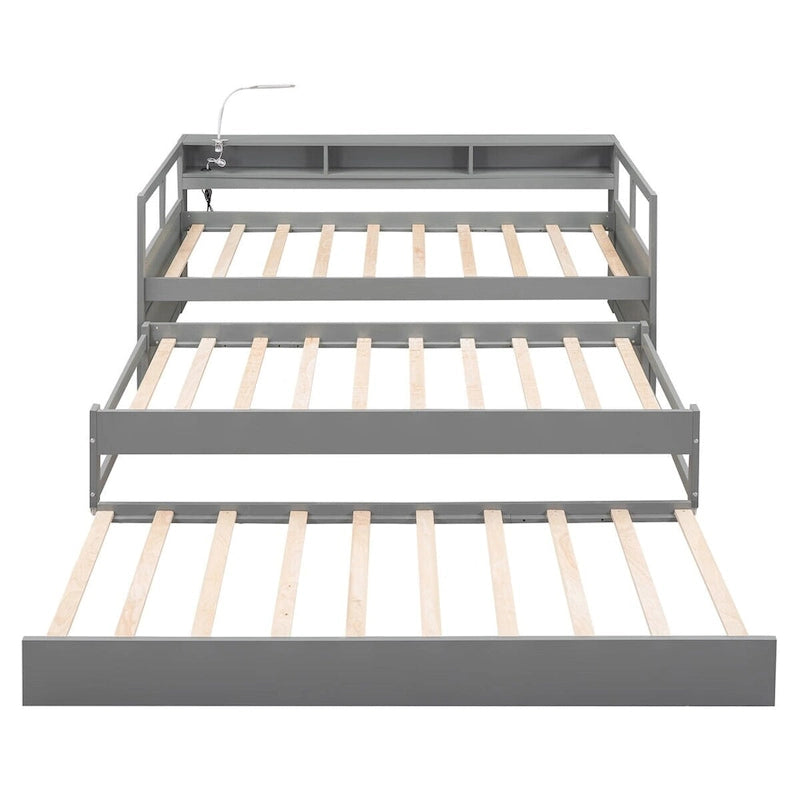 Twin XL Wood Daybed with 2 Trundles, 3 Storage Cubbies, 1 Light for Free and USB Charging Design
