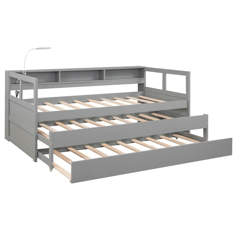 Twin XL Wood Daybed with 2 Trundles, 3 Storage Cubbies, 1 Light for Free and USB Charging Design
