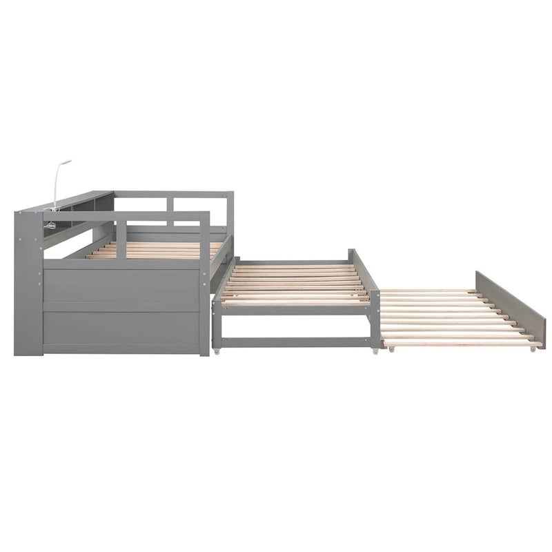 Twin XL Wood Daybed with 2 Trundles, 3 Storage Cubbies, 1 Light for Free and USB Charging Design