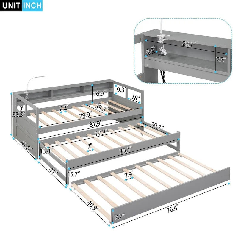 Twin XL Wood Daybed with 2 Trundles, 3 Storage Cubbies, 1 Light for Free and USB Charging Design