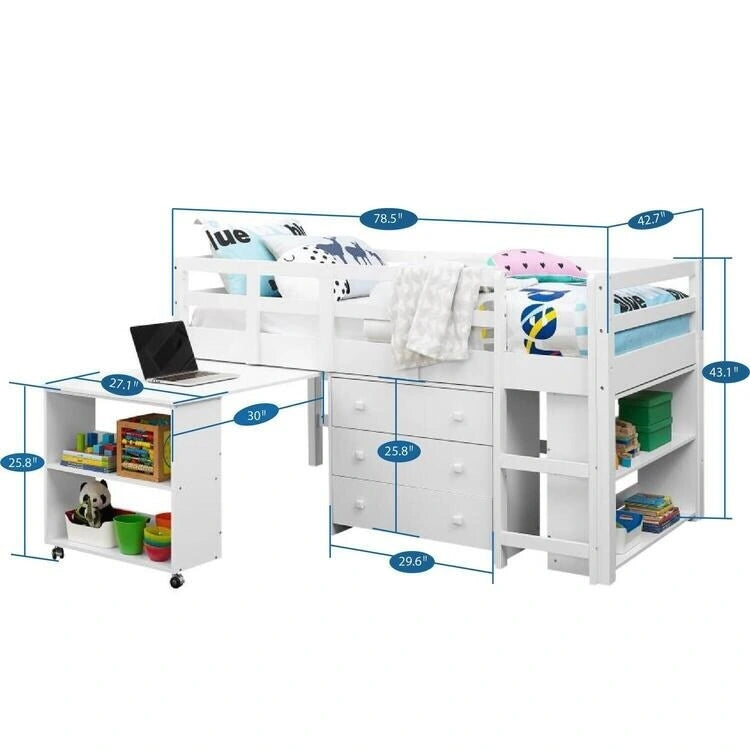 Twin Size Loft Bed with Desk Low Study Kids Twin Loft Bed with Storage Pine Wood Loft Bed for Kids Twin Loft Bed with Cabinet