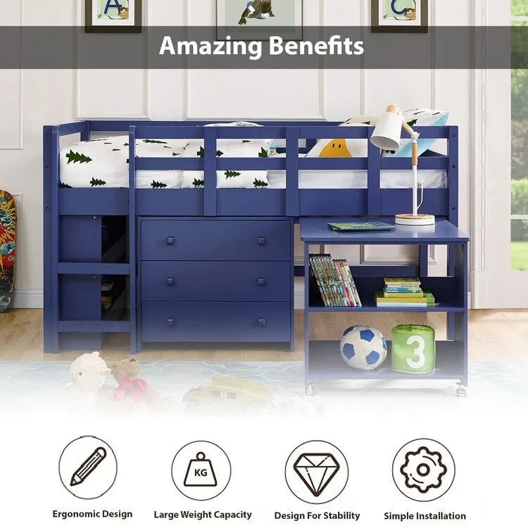 Twin Size Loft Bed with Desk Low Study Kids Twin Loft Bed with Storage Pine Wood Loft Bed for Kids Twin Loft Bed with Cabinet