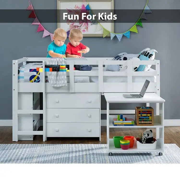 Twin Size Loft Bed with Desk Low Study Kids Twin Loft Bed with Storage Pine Wood Loft Bed for Kids Twin Loft Bed with Cabinet