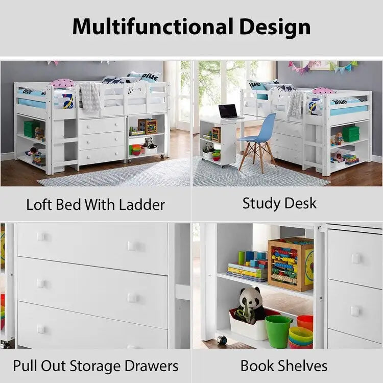 Twin Size Loft Bed with Desk Low Study Kids Twin Loft Bed with Storage Pine Wood Loft Bed for Kids Twin Loft Bed with Cabinet