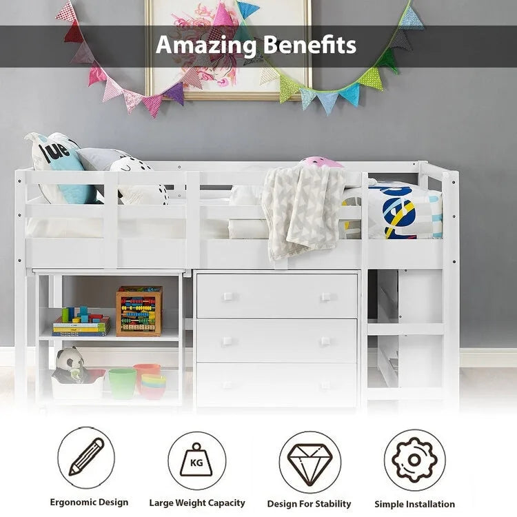 Twin Size Loft Bed with Desk Low Study Kids Twin Loft Bed with Storage Pine Wood Loft Bed for Kids Twin Loft Bed with Cabinet