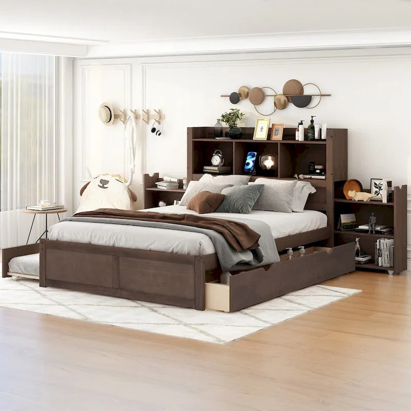 Storage Platform Bed with Pull Out Shelves, Trundle and 2 Drawers