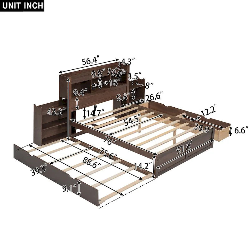Storage Platform Bed with Pull Out Shelves, Trundle and 2 Drawers