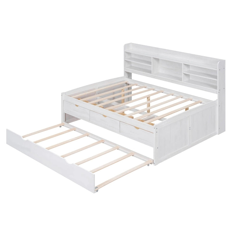 Full Size Wooden Captain Bed with Built-in Bookshelves,Three Storage Drawers and Trundle