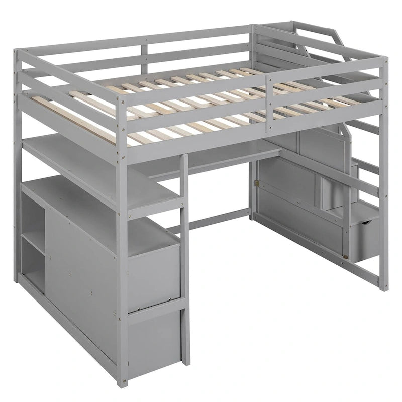 Gray Pine Loft Bed with Desk, Shelves, Storage Drawers, Storage Staircase