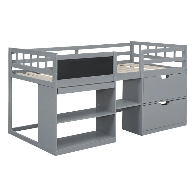 Twin Size Low Loft Bed with Rolling Desk, Shelf and Drawers