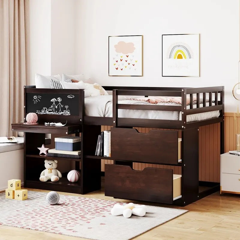 Twin Size Low Loft Bed with Rolling Desk, Shelf and Drawers