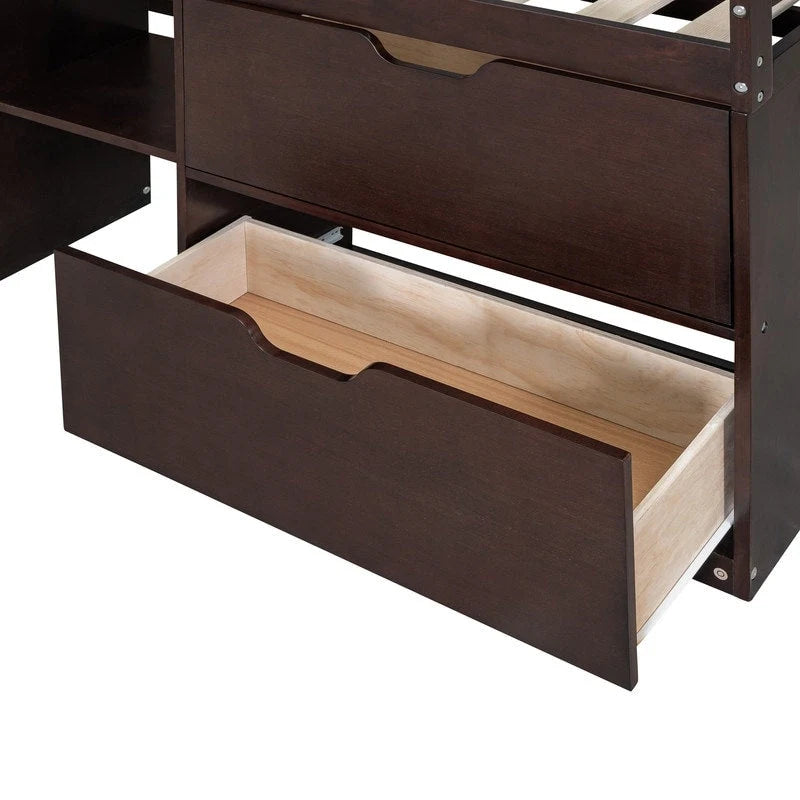 Twin Size Low Loft Bed with Rolling Desk, Shelf and Drawers