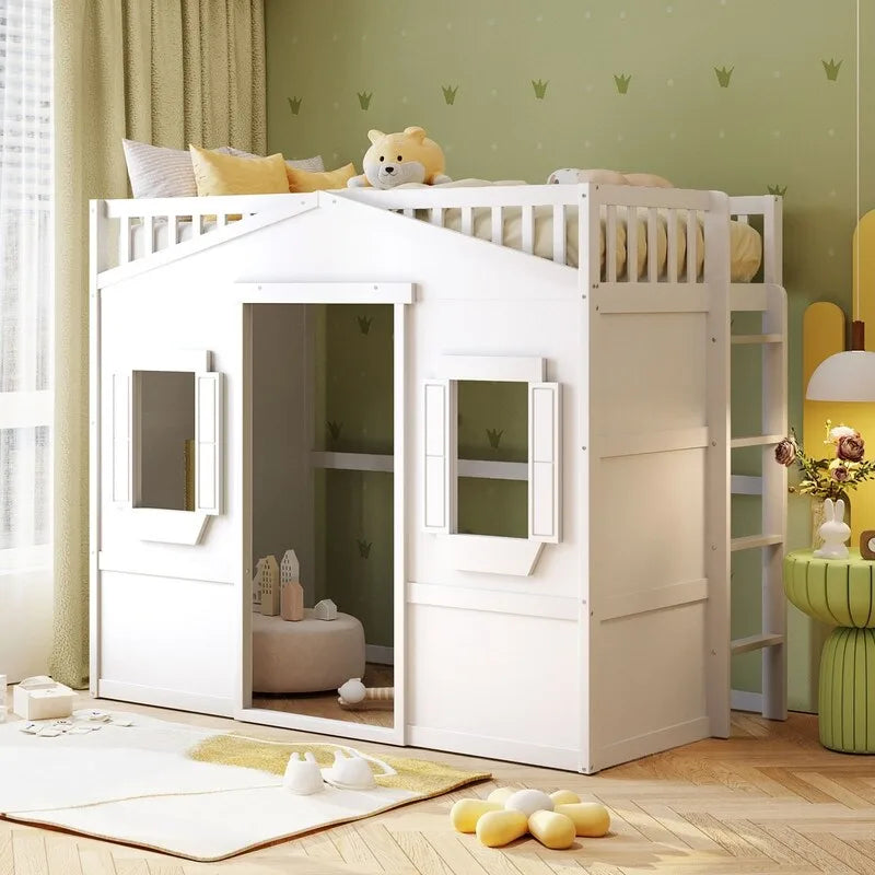 Twin Size Wooden House Loft Bed With Ladder