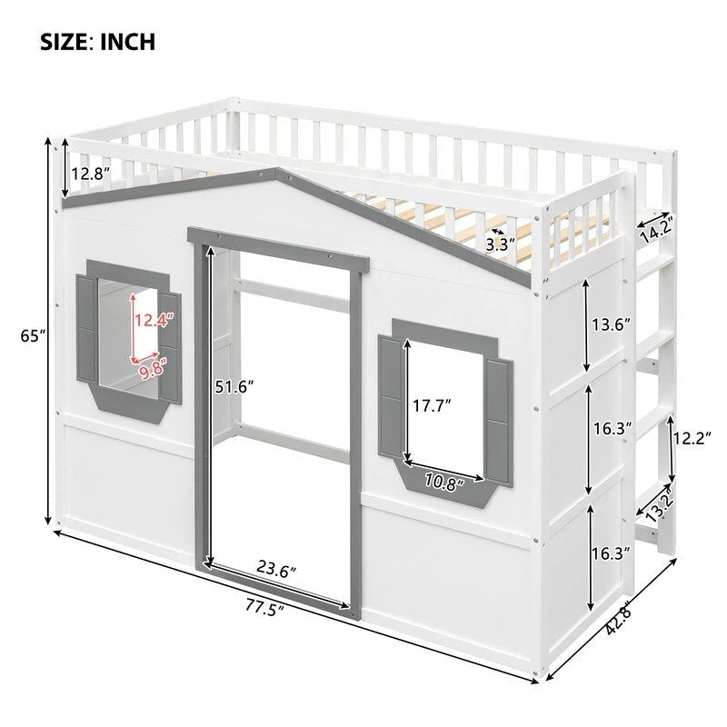 Twin Size Wooden House Loft Bed With Ladder