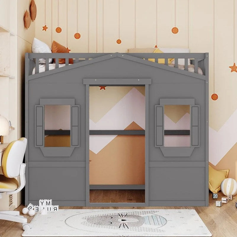 Twin Size Wooden House Loft Bed With Ladder
