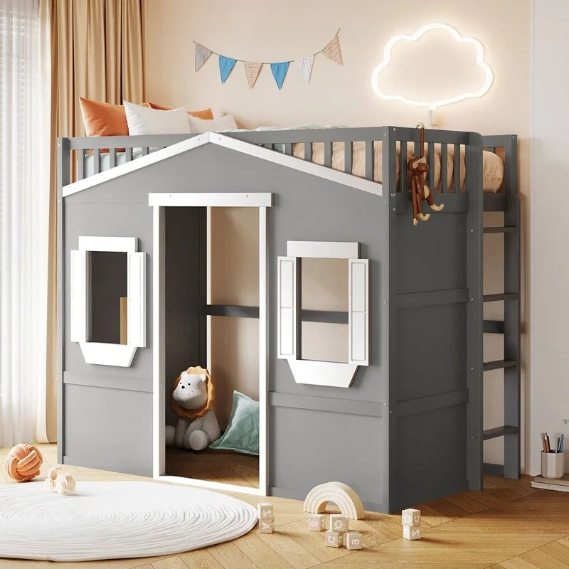 Twin Size Wooden House Loft Bed With Ladder