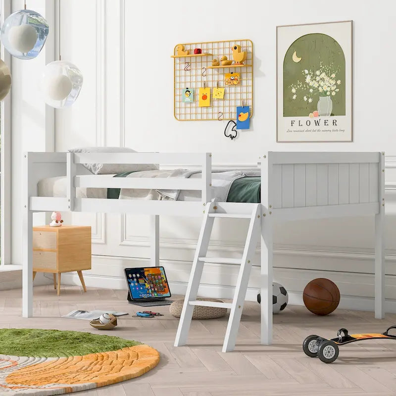 Wood Low Loft Bed with Convertible Ladder