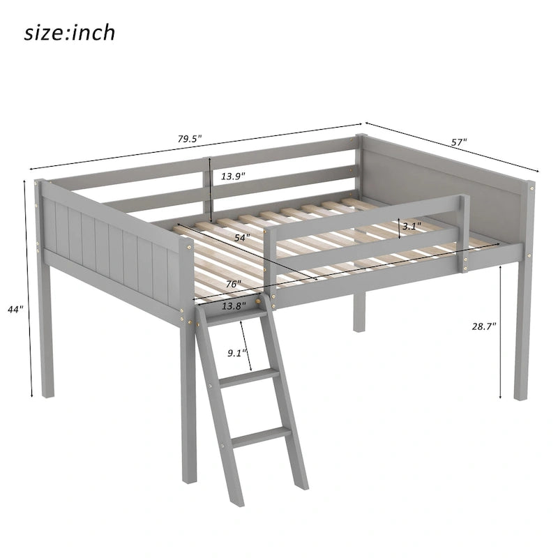 Wood Low Loft Bed with Convertible Ladder