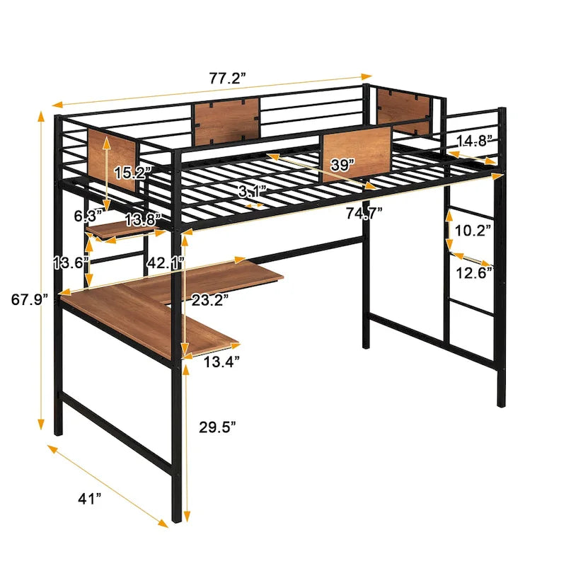 Metal Loft Bed Twin Size with Desk and Shelves