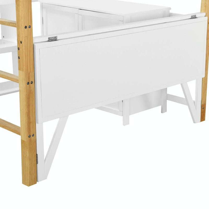 Wood Loft Bed With Built-in Storage Cabinet, Cubes, and Foldable Desk