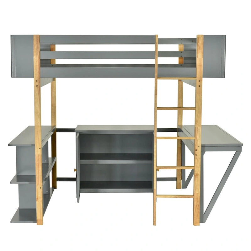 Wood Loft Bed With Built-in Storage Cabinet, Cubes, and Foldable Desk
