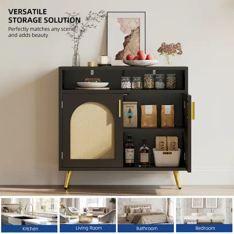 Rattan 2-Door Buffet Sideboard Cabinet with Adjustable Shelves for Kitchen Hallway