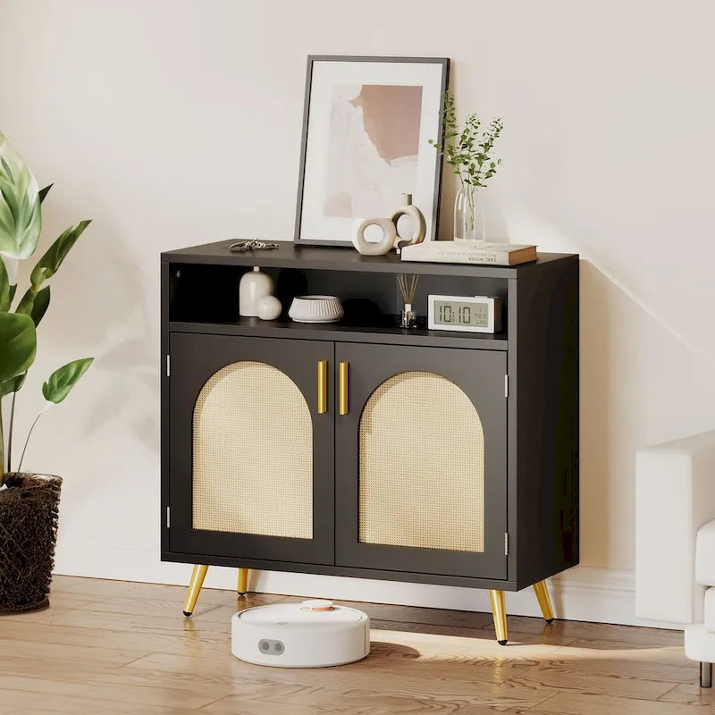 Rattan 2-Door Buffet Sideboard Cabinet with Adjustable Shelves for Kitchen Hallway