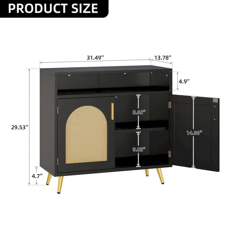 Rattan 2-Door Buffet Sideboard Cabinet with Adjustable Shelves for Kitchen Hallway