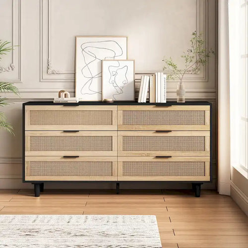 Commode 6 tiroirs en rotin avec cadre noir