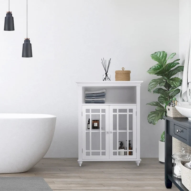 Wooden Freestanding Two-Door Floor Cabinet with Glass Paneled Doors and Open Fixed Shelf